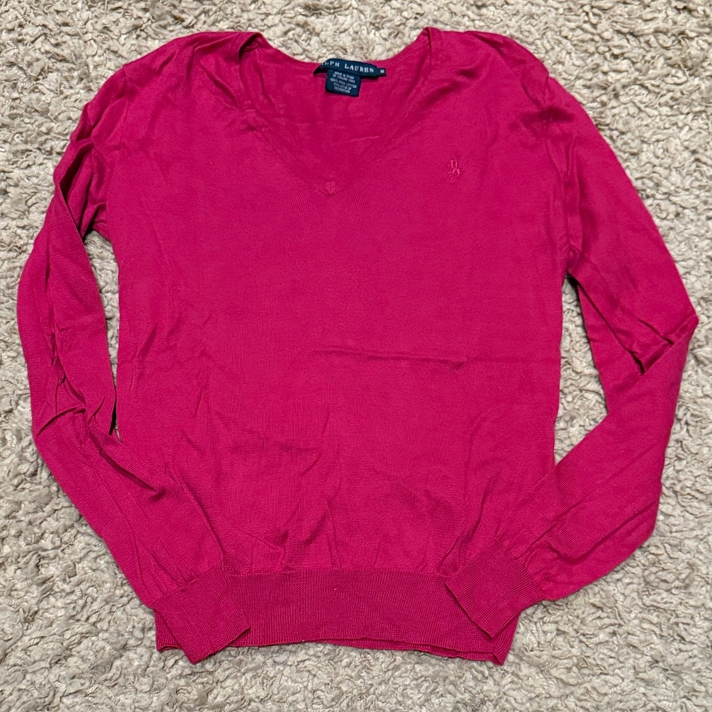 Ralph Lauren Women’s V Neck Pima Cotton Sweater Size Medium Hot Pink
